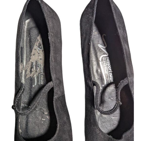 Vtg 1990s Newport News Black Suede Square Toe Elastic Strap Mary Jane Flats 10 W - Picture 4 of 7